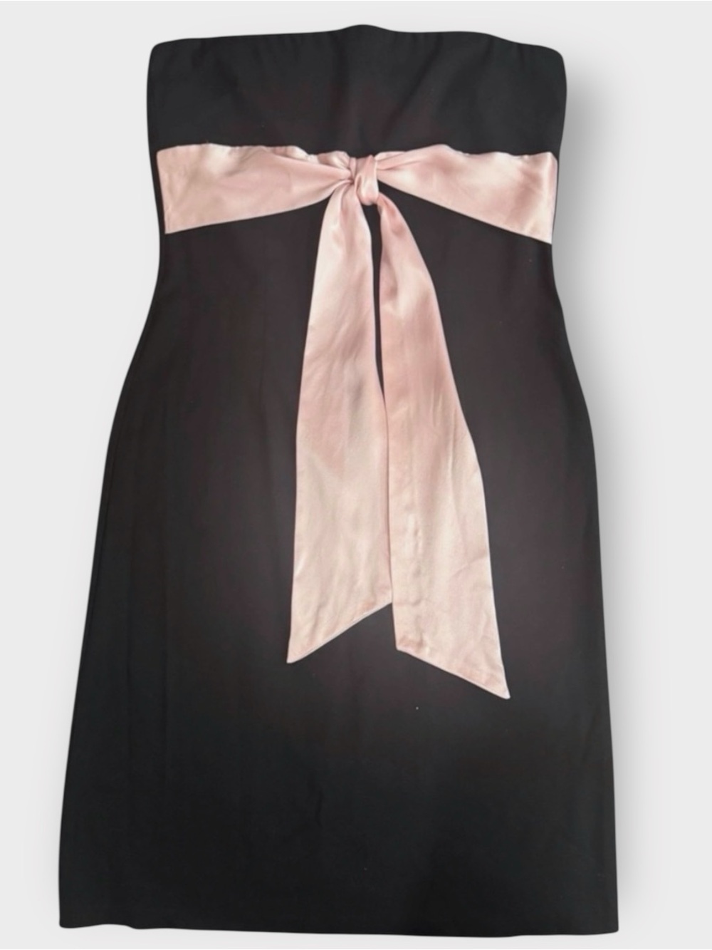 Y2K Strapless Black Cocktail Dress Baby Pink Silk Bow Size 8 | 2000s Midi